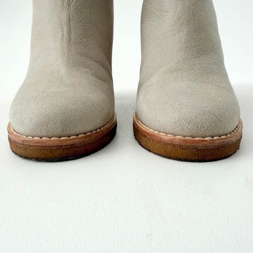 CHANEL | Beige Shearling Fur Suede Ankle Boots Heeled Booties CC Logo 37.5 - Picture 3 of 14